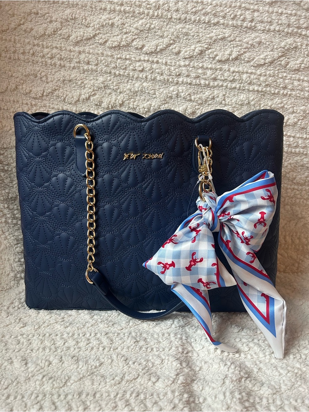 NWT Betsey Johnson Navy Blue Quilted Shell XOTOTE Bag Scalloped Lobster Scarf